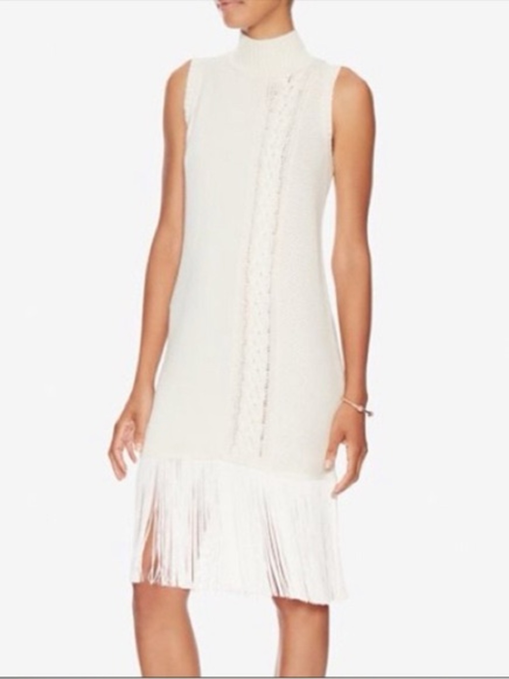 Timo Weiland Ivory Cable Knit Fringe Sweater Dress Mock Neck Size Small